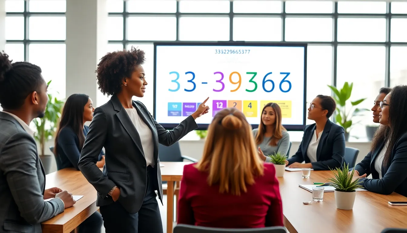 diverse professionals discussing the significance of the number 3382965367.